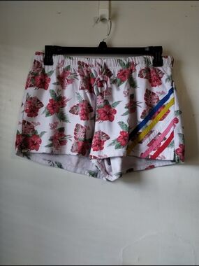 No Boundaries White Floral Athletic Shorts with Pink Hibiscus & Multi-Stripe